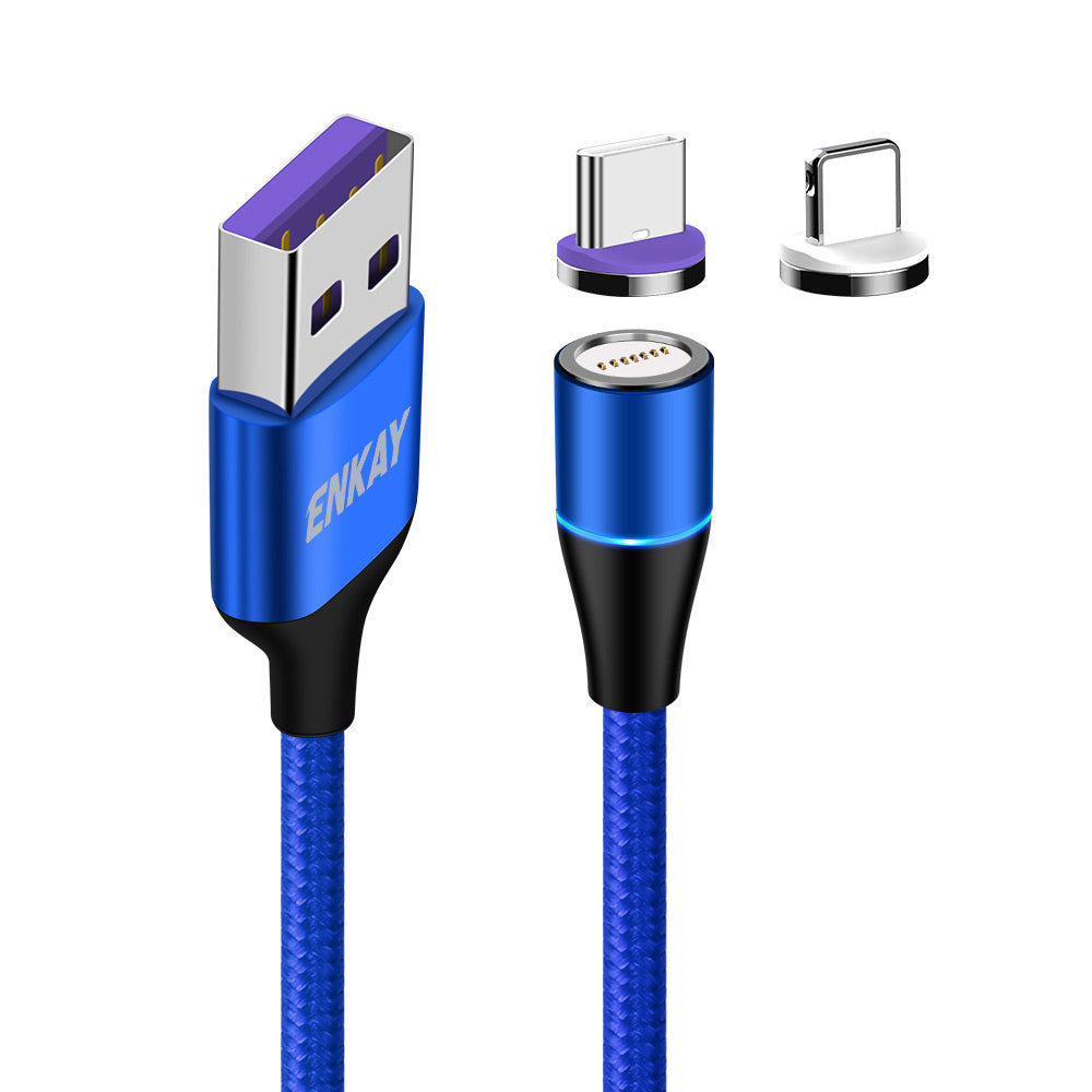 Uniqkart 1m 5A Fast Charging Magnetic Data Cable 2-in-1 USB to Lightning + Type-C Cord - Blue