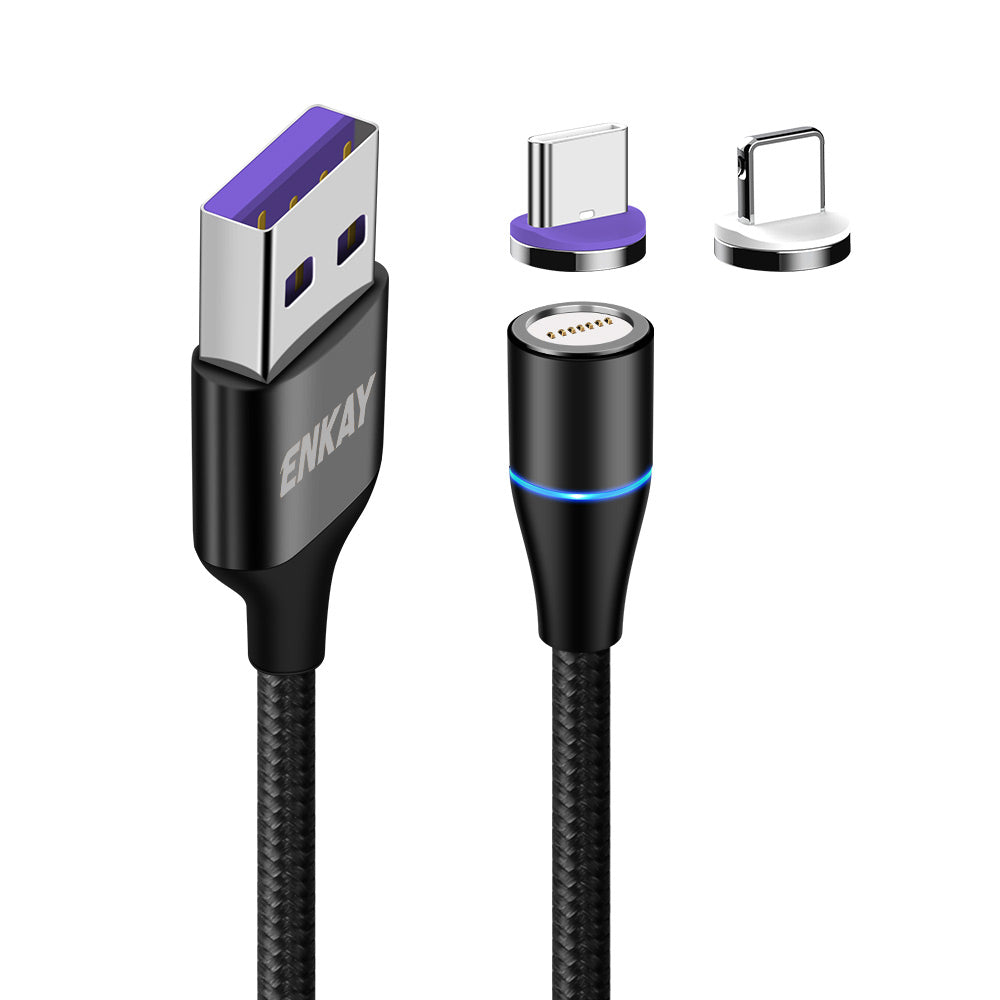 Uniqkart 1m 5A Fast Charging Magnetic Data Cable 2-in-1 USB to Lightning + Type-C Cord - Black