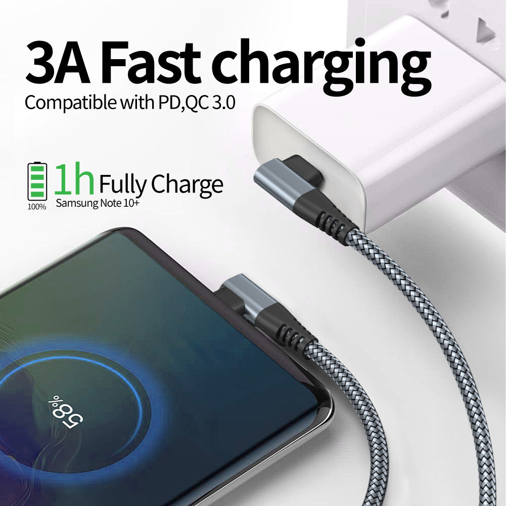 1m Dual Angled Type-C PD 60W Charging Cable for Cell Phones, Tablets, Laptops Nylon Braided USB2.0 Data Cable - Grey