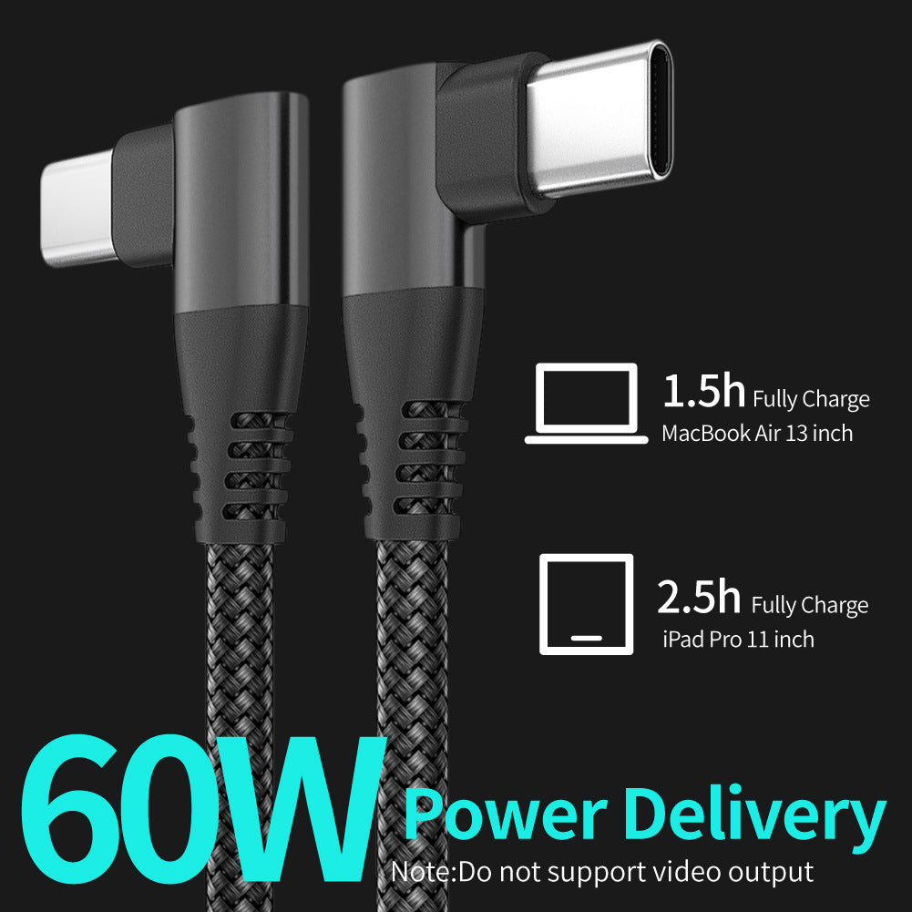 Dual Angled Type-C PD 60W Fast Charging Cord 3m Nylon Braided USB2.0 Charging Data Cable for Cell Phones, Tablets, Laptops - Black