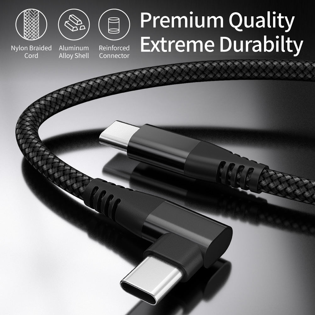 Dual Angled Type-C PD 60W Fast Charging Cord 3m Nylon Braided USB2.0 Charging Data Cable for Cell Phones, Tablets, Laptops - Black