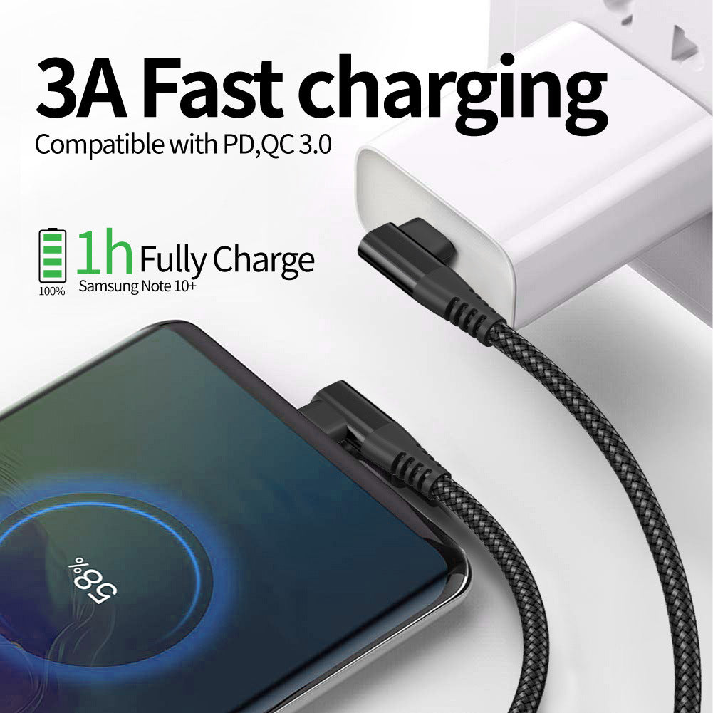 Dual Angled Type-C PD 60W Fast Charging Cord 3m Nylon Braided USB2.0 Charging Data Cable for Cell Phones, Tablets, Laptops - Black