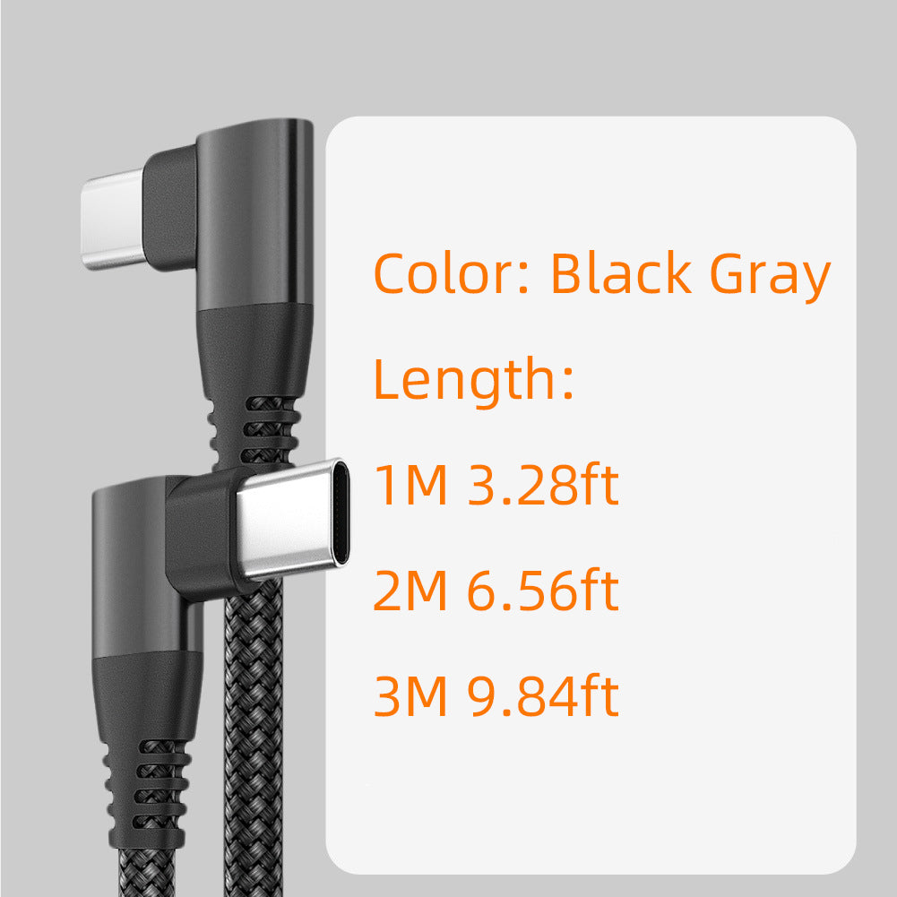 Dual Angled Type-C PD 60W Fast Charging Cord 3m Nylon Braided USB2.0 Charging Data Cable for Cell Phones, Tablets, Laptops - Black
