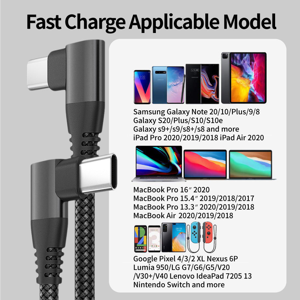 Dual Angled Type-C PD 60W Fast Charging Cord 3m Nylon Braided USB2.0 Charging Data Cable for Cell Phones, Tablets, Laptops - Black