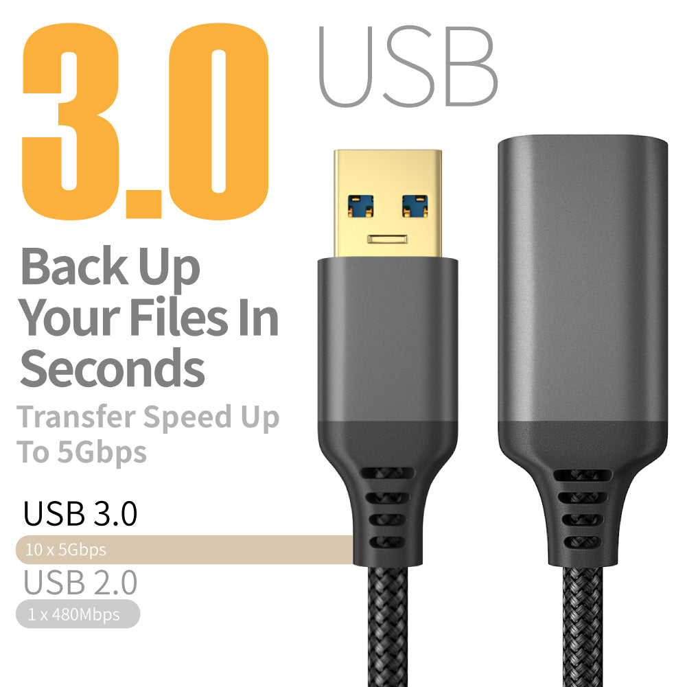 1m USB 3.0 Male to Female Data Cable 5Gbps Data Transmission Nylon Braided Extension Cord - Grey