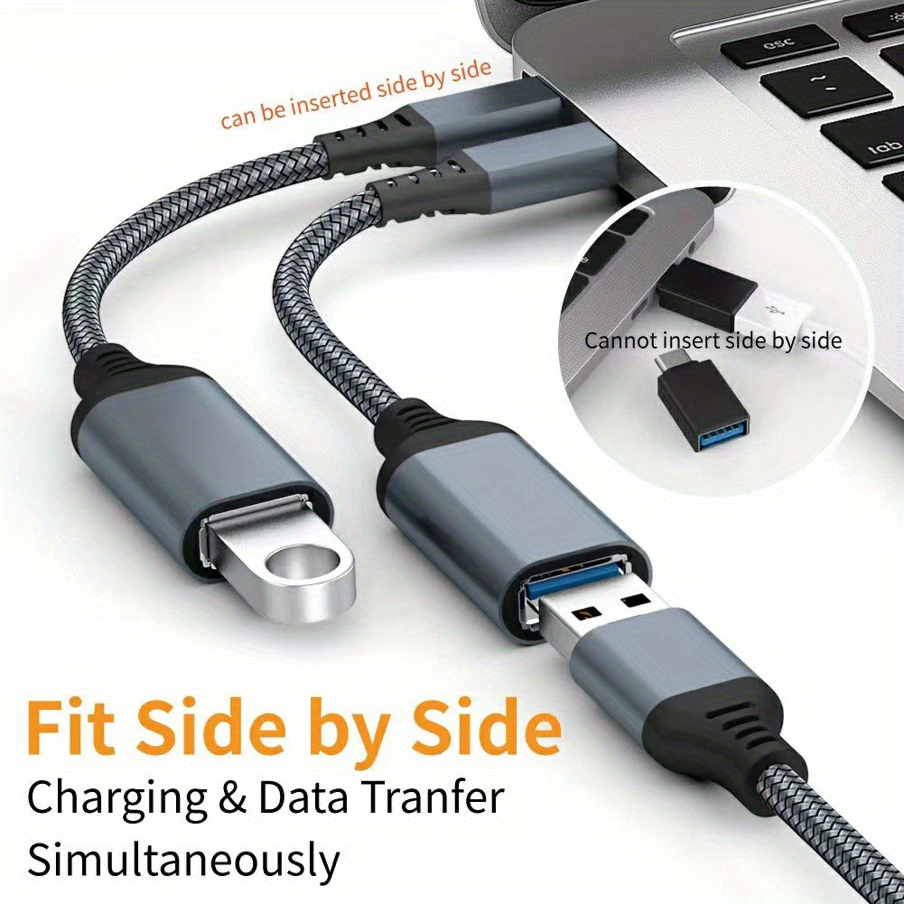 Type-C to USB3.0 OTG Adapter Cable 20cm Nylon Braided USB-C Converter for Mobile Phones, Tablets, Laptops - Grey