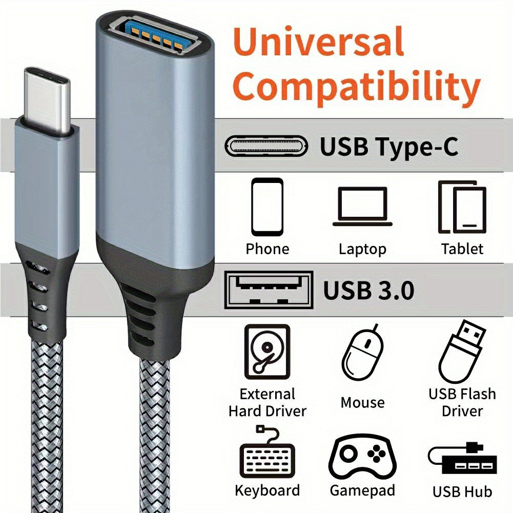 Type-C to USB3.0 OTG Adapter Cable 20cm Nylon Braided USB-C Converter for Mobile Phones, Tablets, Laptops - Grey