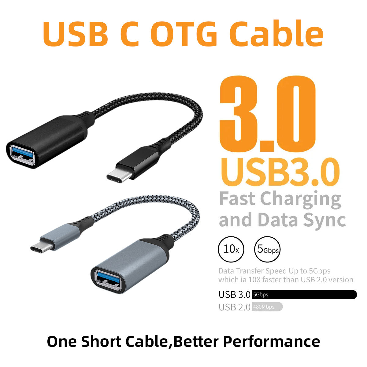 Type-C to USB3.0 OTG Adapter Cable 20cm Nylon Braided USB-C Converter for Mobile Phones, Tablets, Laptops - Grey