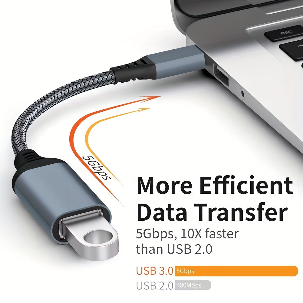 Type-C to USB3.0 OTG Adapter Cable 20cm Nylon Braided USB-C Converter for Mobile Phones, Tablets, Laptops - Black