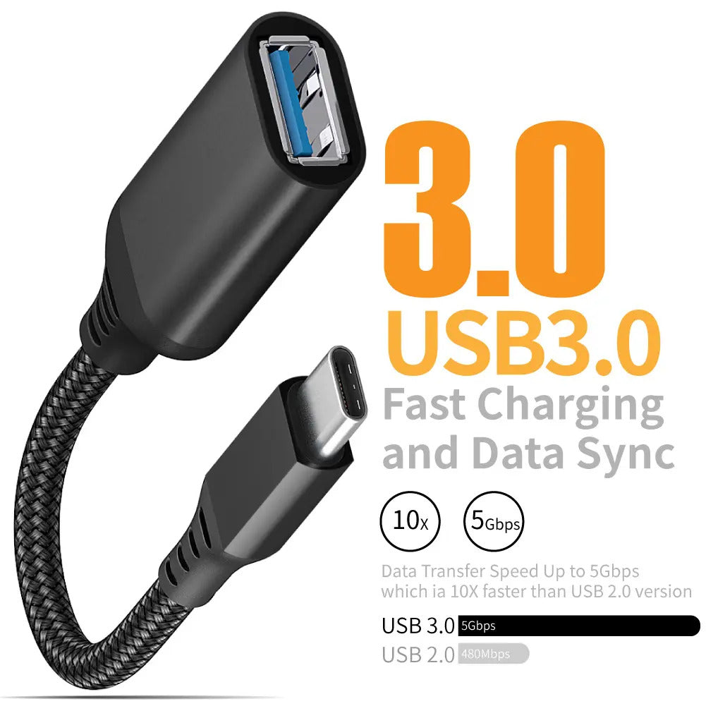 Type-C to USB3.0 OTG Adapter Cable 20cm Nylon Braided USB-C Converter for Mobile Phones, Tablets, Laptops - Black