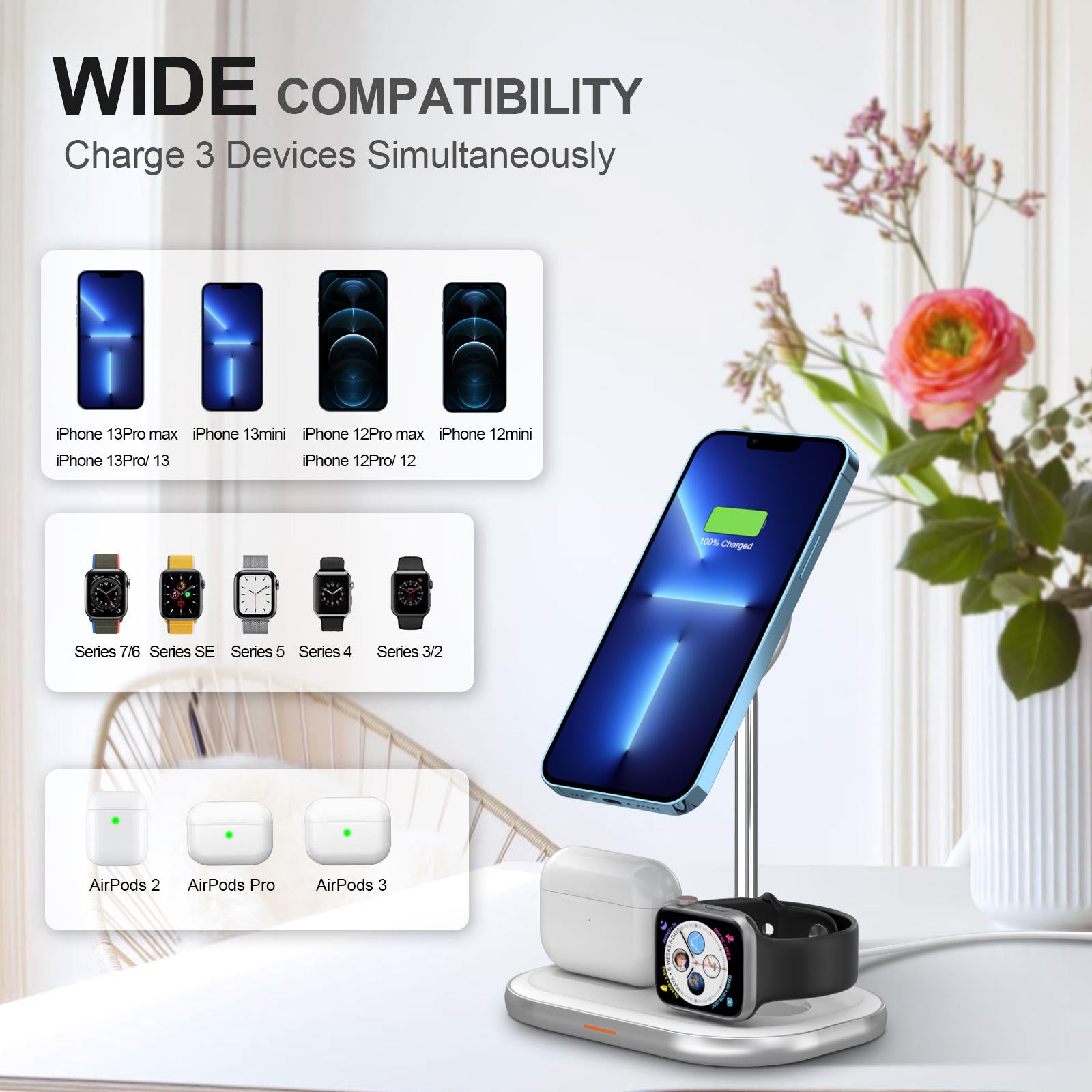 W32 Desktop 3-in-1 Magnetic Wireless Charger for Phone, Watch, Headset 15W Fast Charging Station Stand