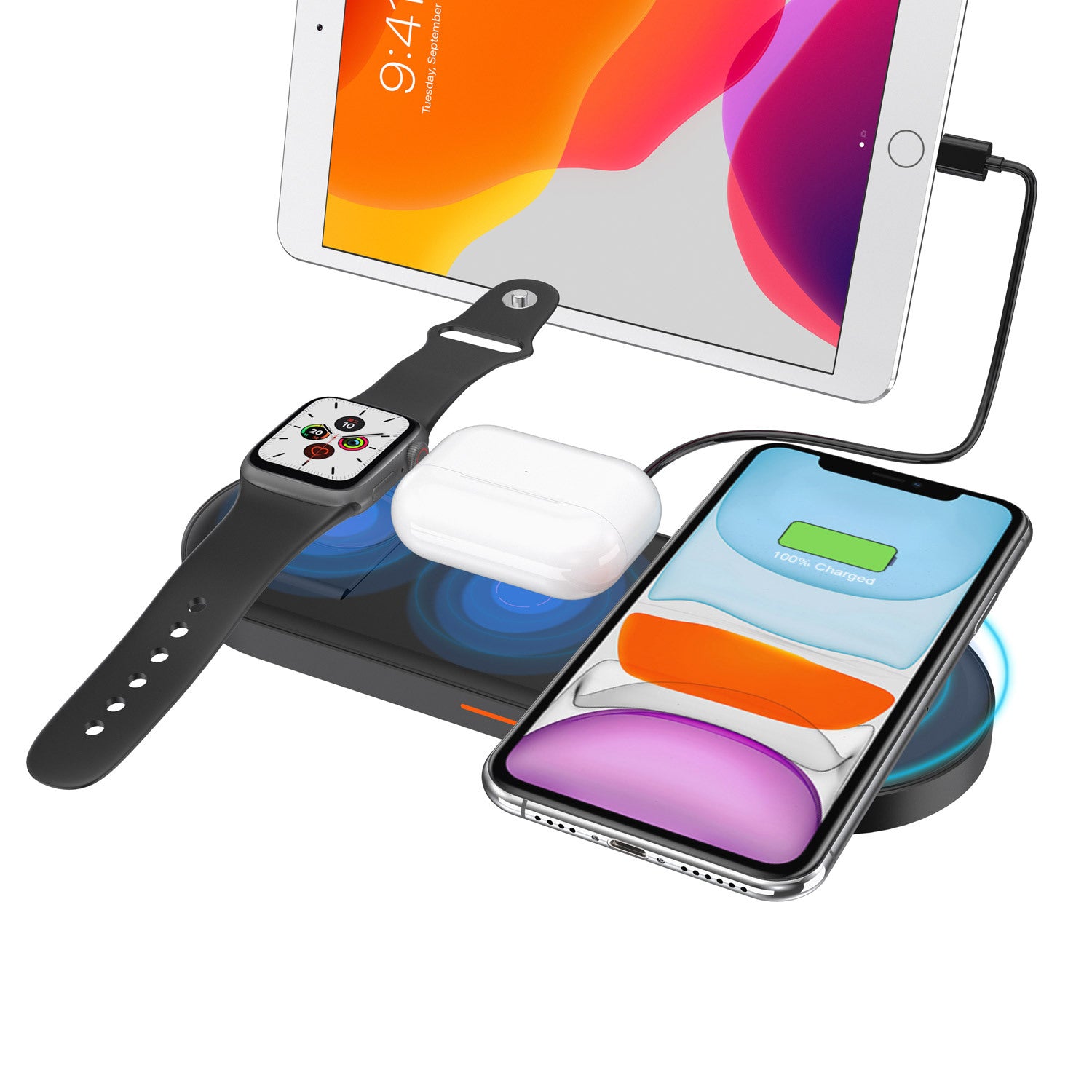 W28 3-in-1 Desktop 15W Wireless Charger for Phone Watch Headset Folding Fast Charging Base