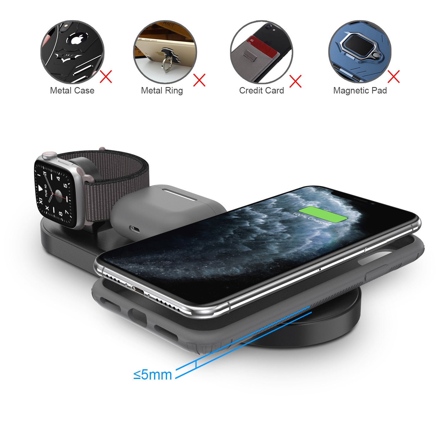 W28 3-in-1 Desktop 15W Wireless Charger for Phone Watch Headset Folding Fast Charging Base