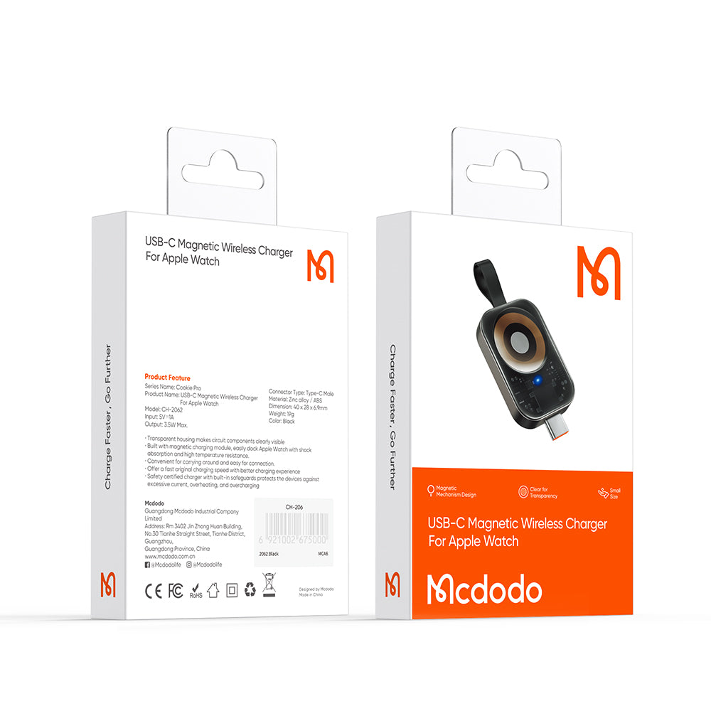 MCDODO CH-2062 Cookie Pro Series Wireless Charger for Apple Watch , USB-C Fast Charging Magnetic Travel Charger
