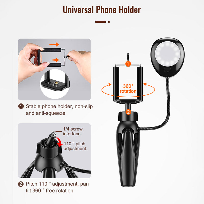 XWJ-S1 Desktop Tripod Photo Stand with 3-Levels Brightness Adjustable LED Lights Cell Phone Holder - Pink