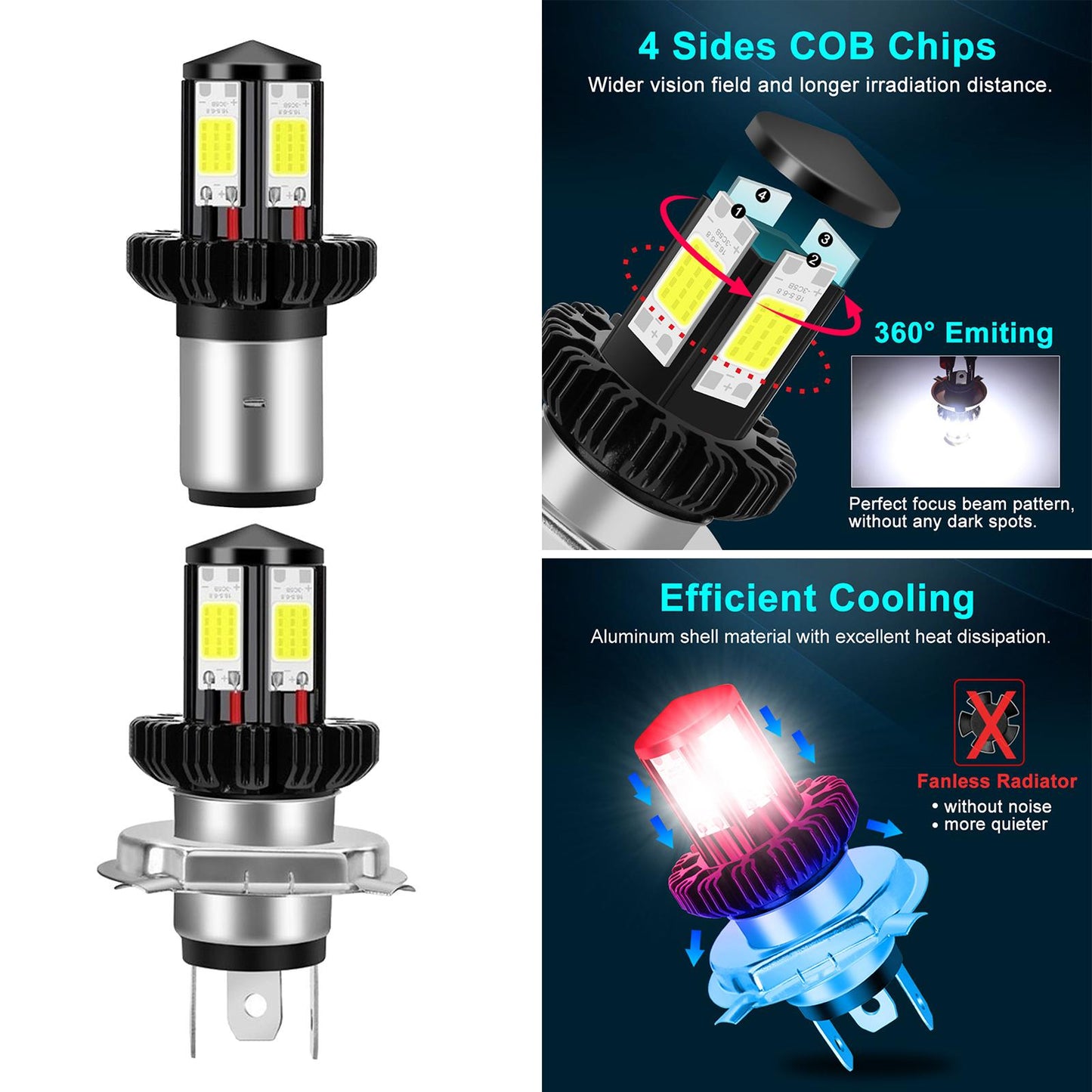 Motorbike Motorcycle Headlight Bulbs LED Hi Lo beam 6000K White H4