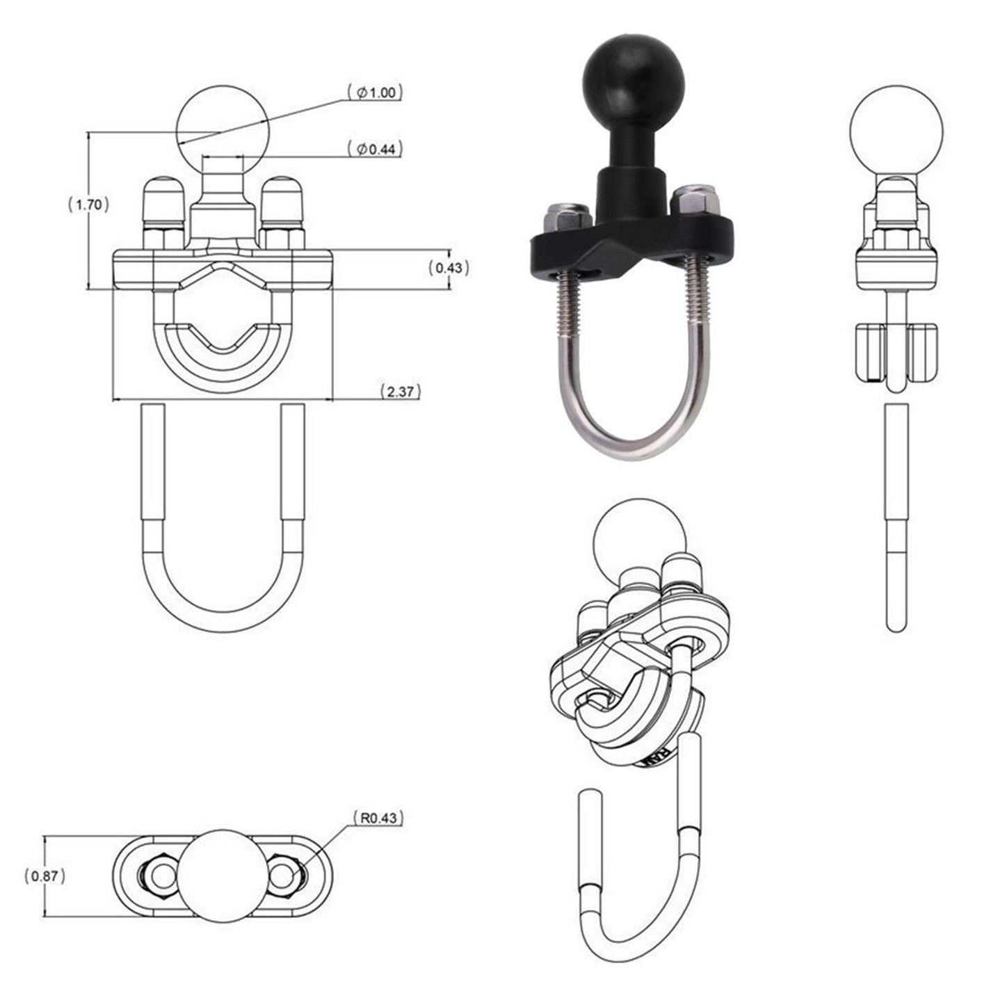 Scooter Motorcycle Handlebar Rail Mount U Bolt Mounting Base 1 Ball Head"