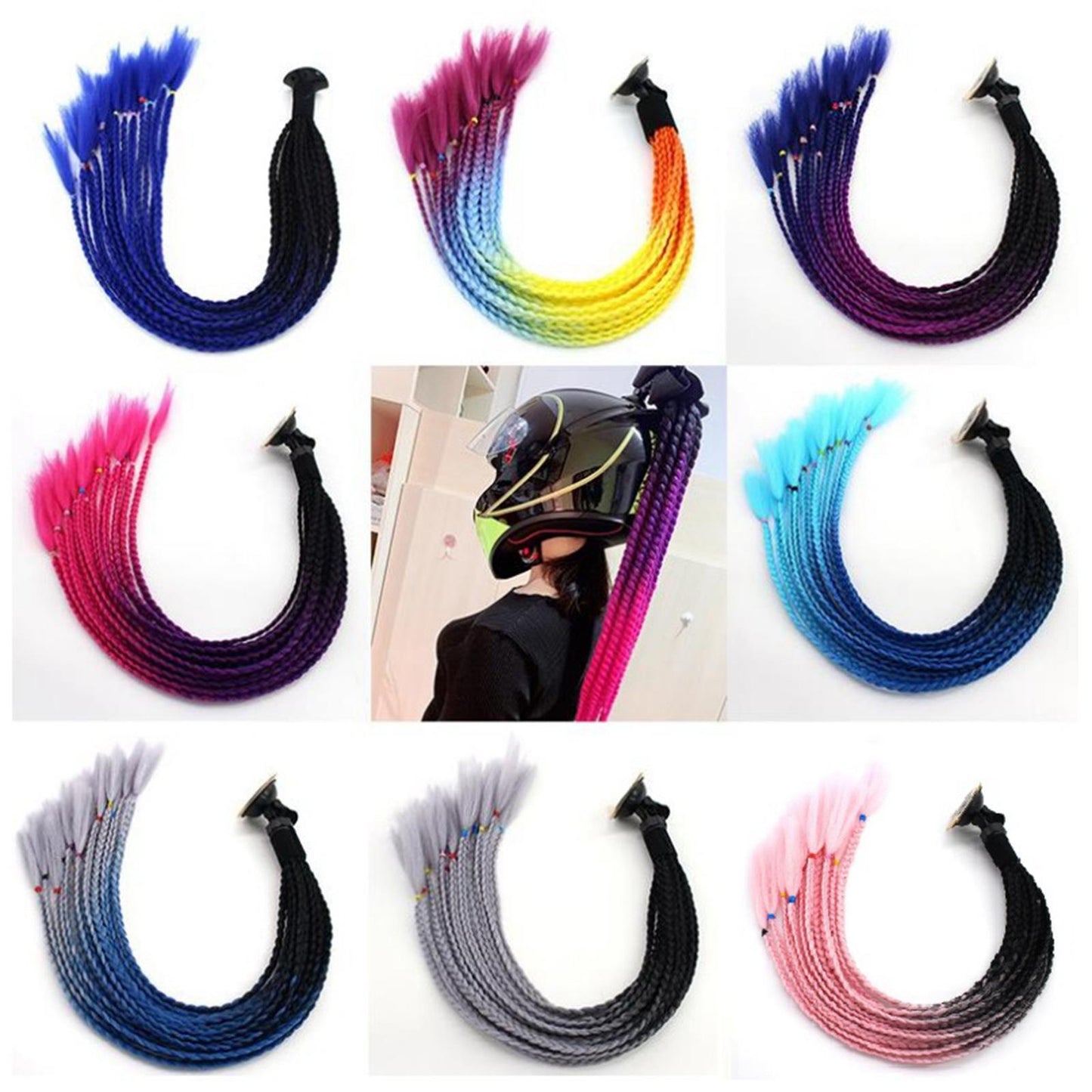 55cm Hair Helmet Pigtail Gradient Ponytail for Motorcycle Black Light Blue