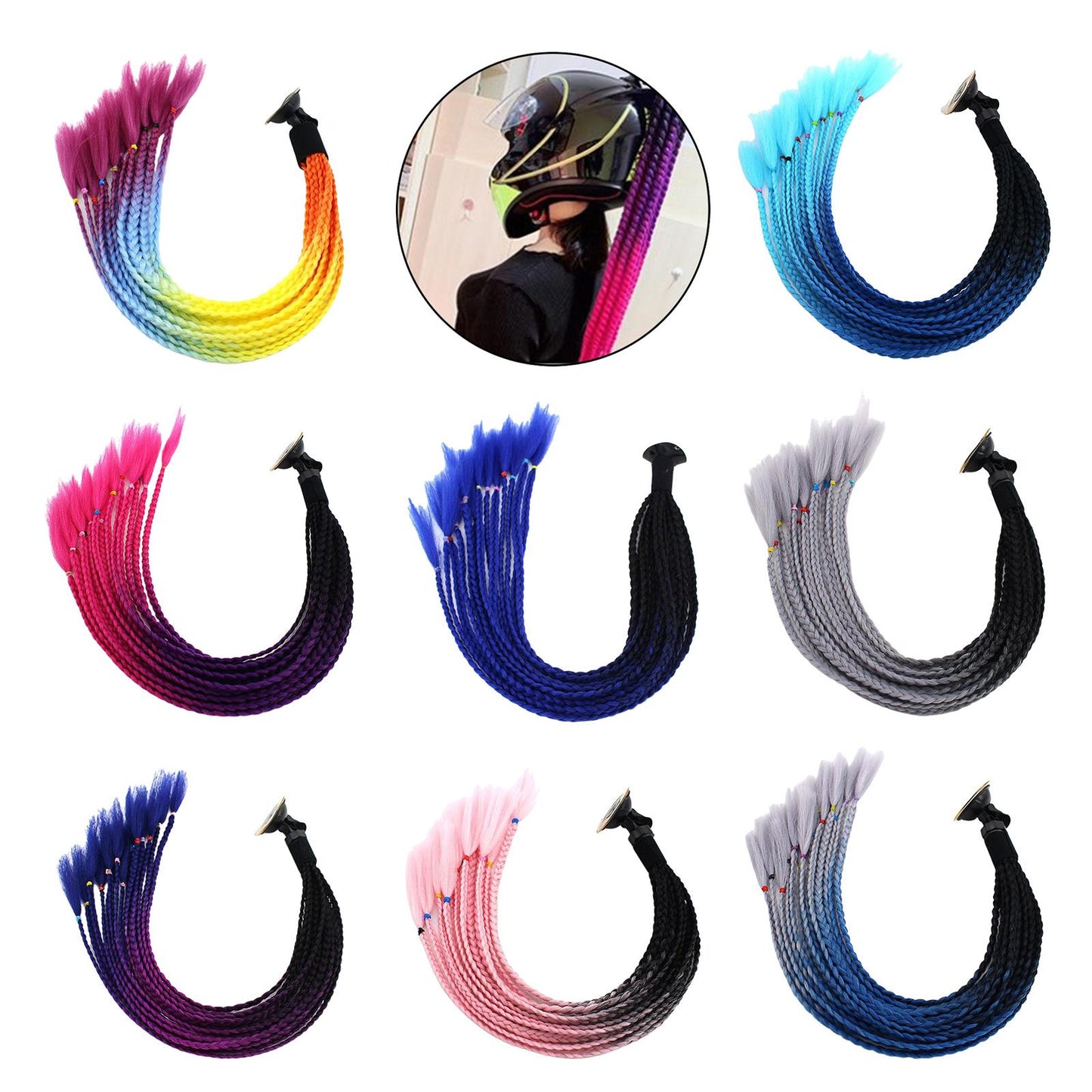 55cm Hair Helmet Pigtail Gradient Ponytail for Motorcycle Black Light Blue