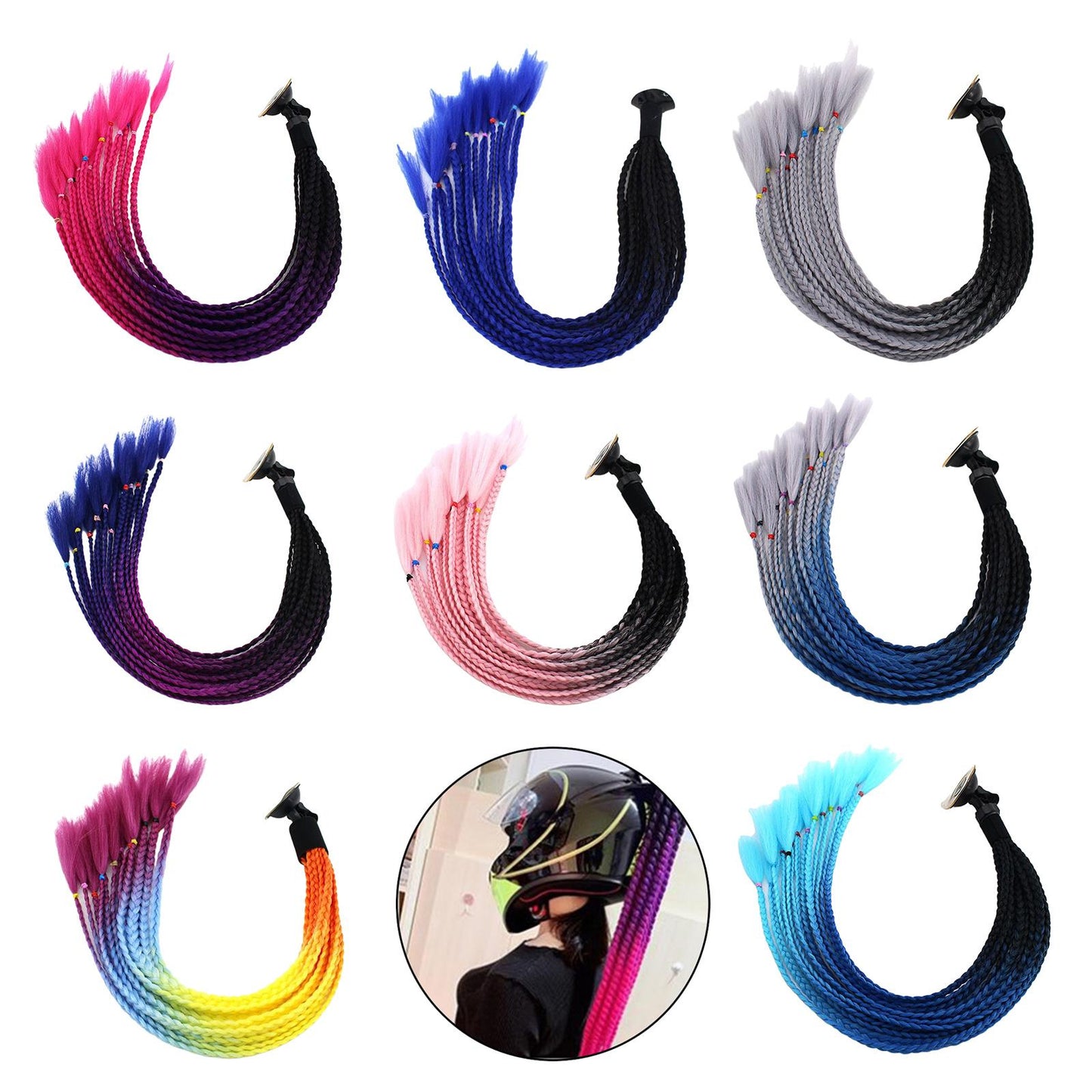 55cm Hair Helmet Pigtail Gradient Ponytail for Motorcycle Black Light Blue