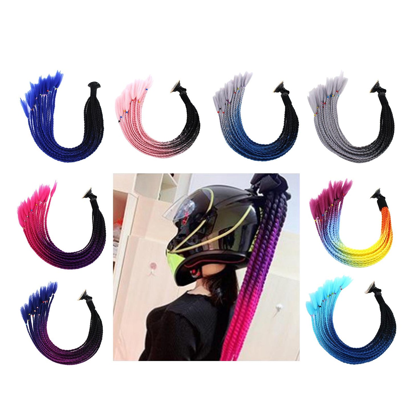 55cm Hair Helmet Pigtail Gradient Ponytail for Motorcycle Black Light Blue