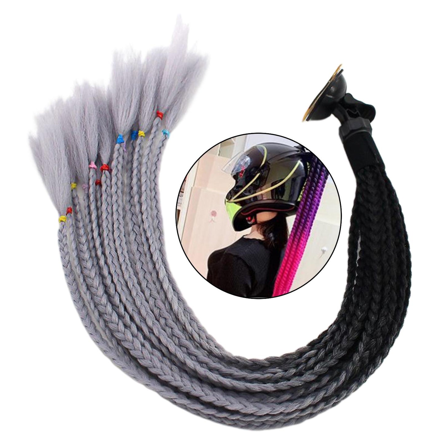55cm Hair Helmet Pigtail Gradient Ponytail for Motorcycle Black Gray