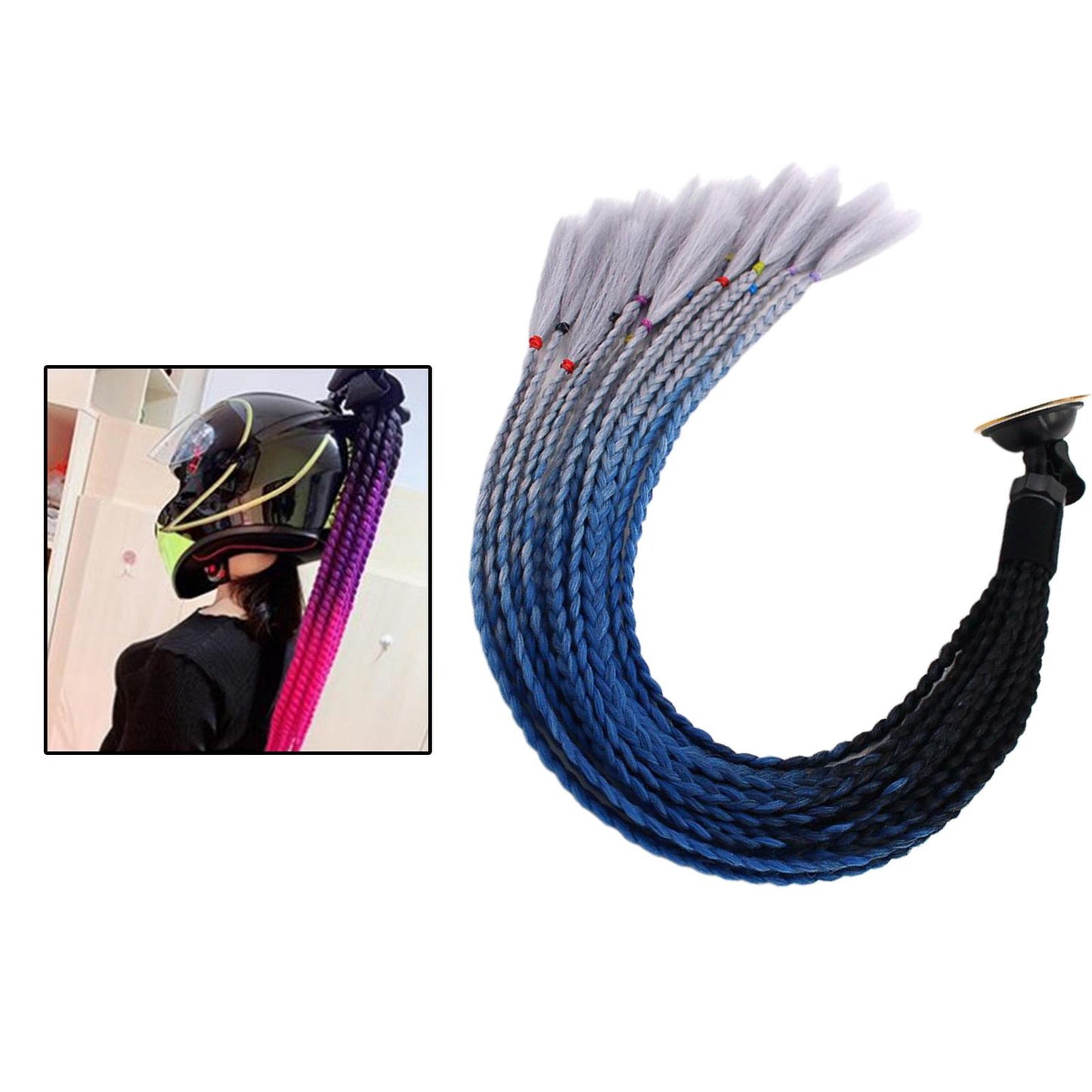 55cm Hair Helmet Pigtail Gradient Ponytail for Motorcycle Black Blue Gray