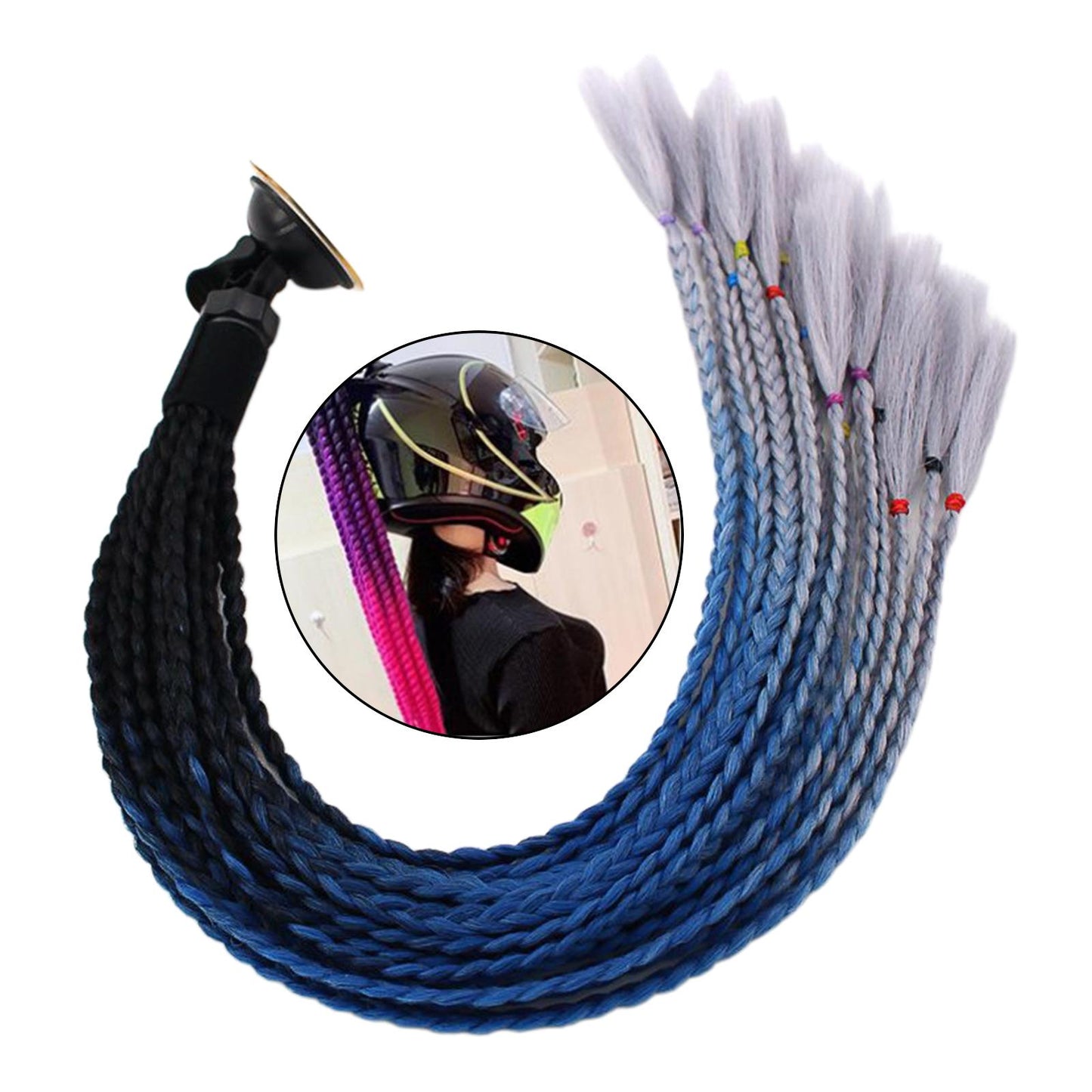 55cm Hair Helmet Pigtail Gradient Ponytail for Motorcycle Black Blue Gray