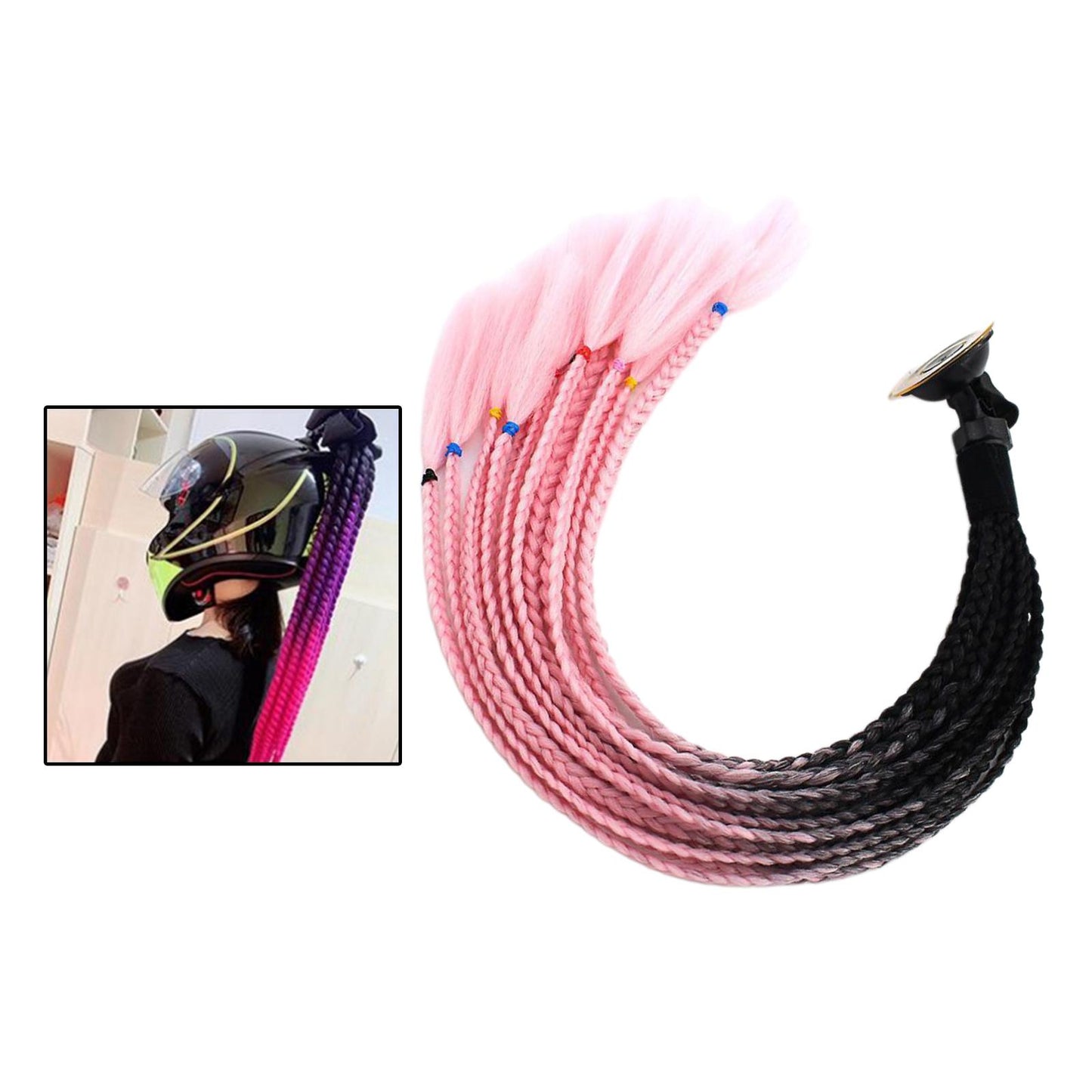 55cm Hair Helmet Pigtail Gradient Ponytail for Motorcycle Black Pink