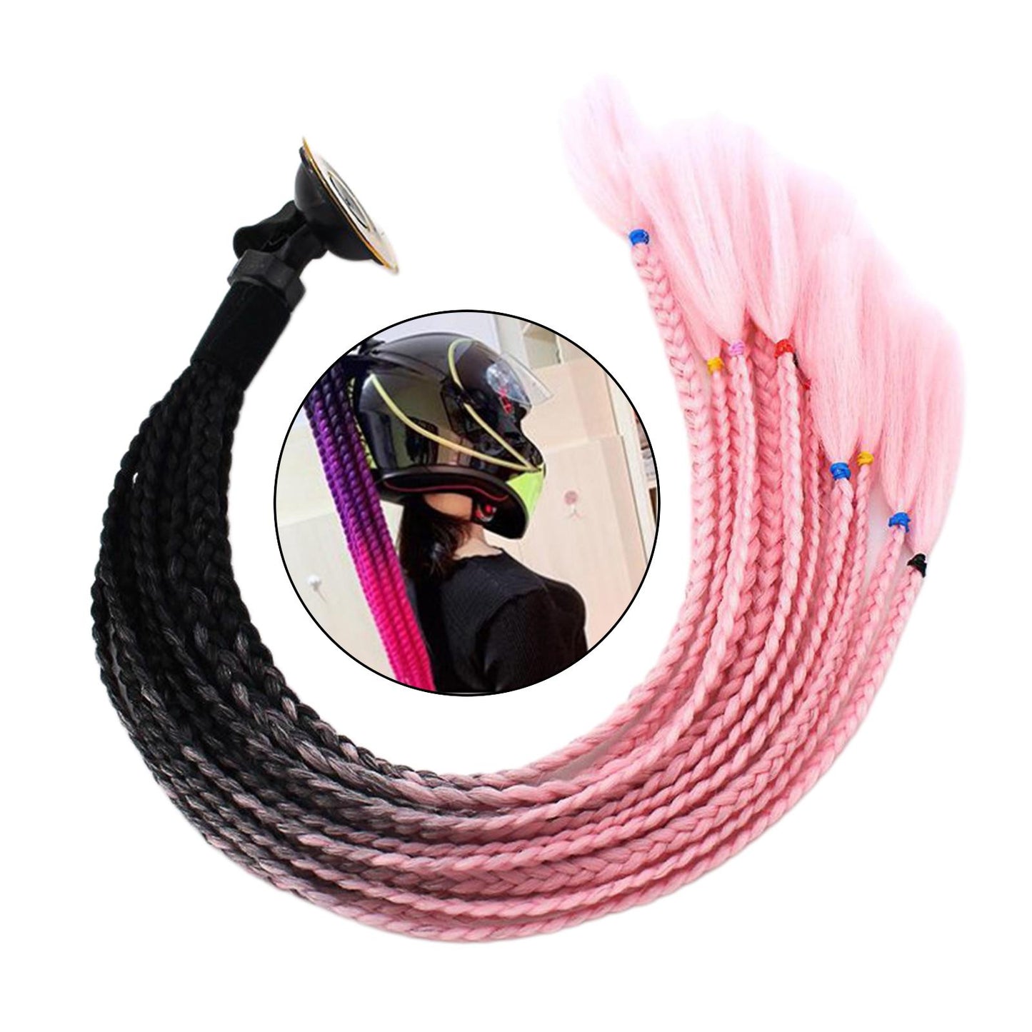 55cm Hair Helmet Pigtail Gradient Ponytail for Motorcycle Black Pink