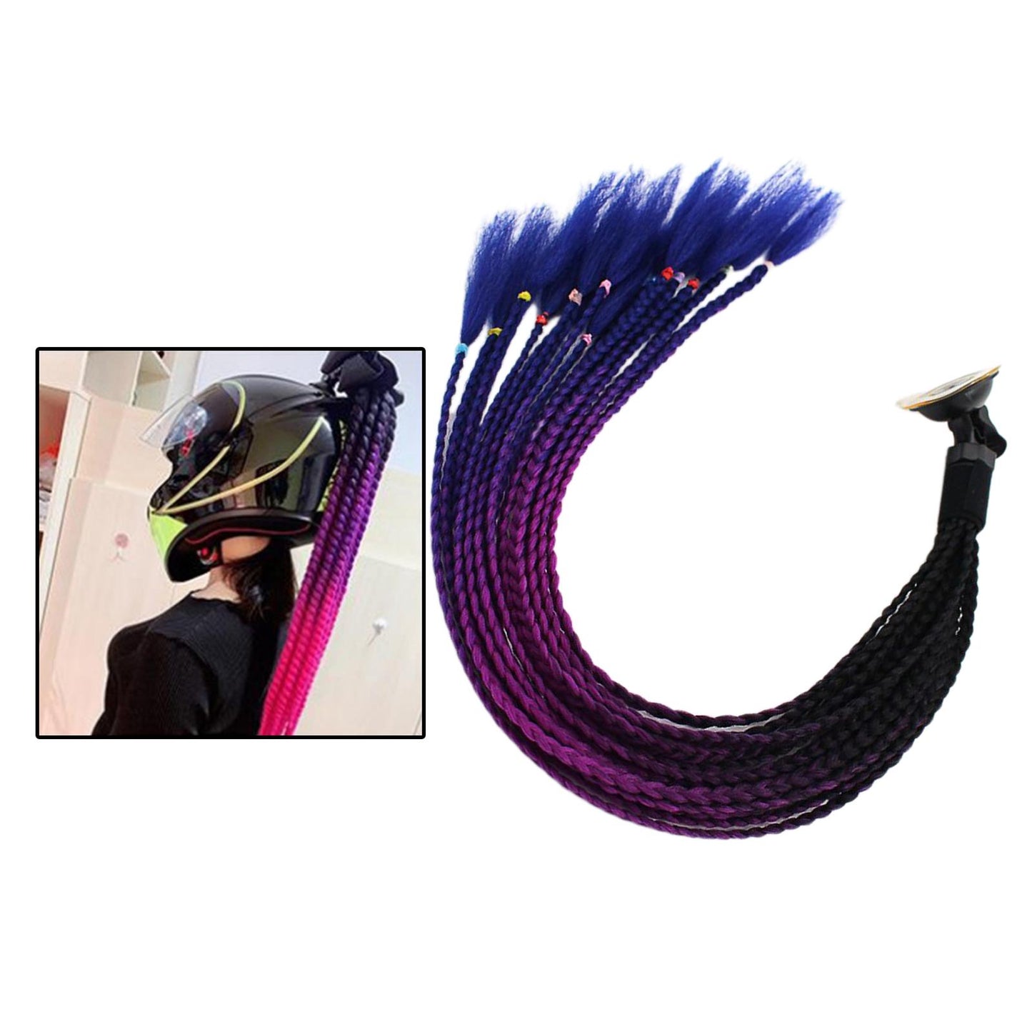 55cm Hair Helmet Pigtail Gradient Ponytail for Motorcycle Black Purple Blue