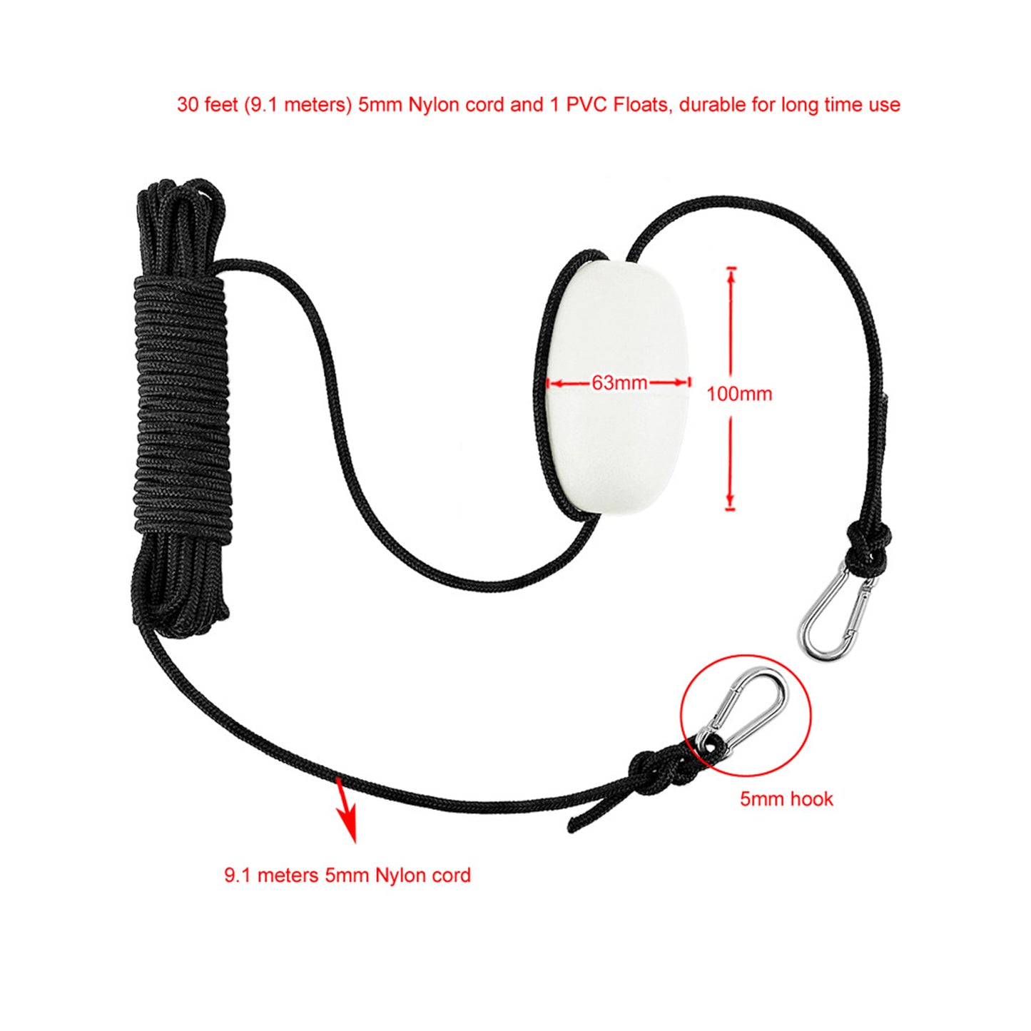 Marine Kayak Drift Anchor Tow Line with PVC Buoy & Clips for Pontoon Canoe