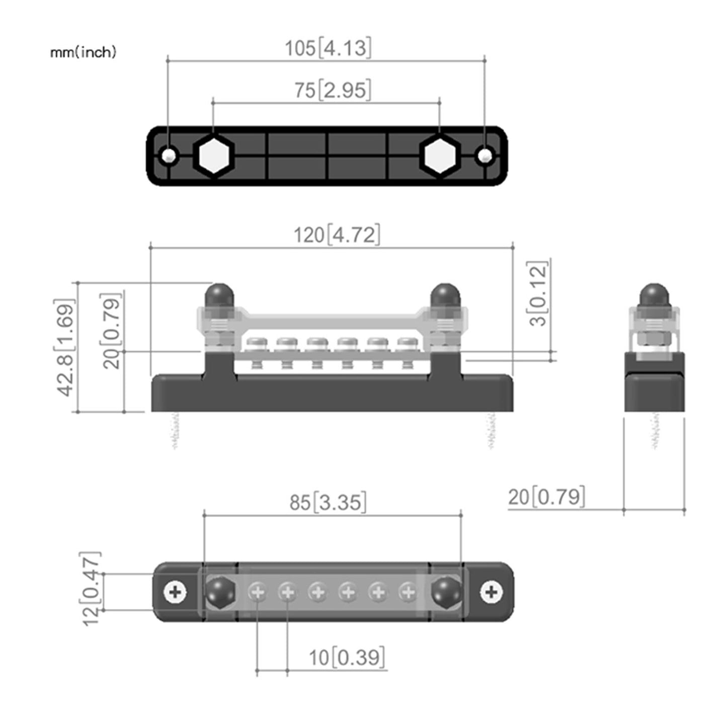 6 Terminal Bus Bar Kit Distribution Block 2 Studs