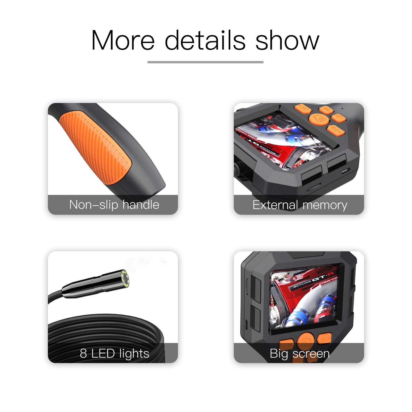 P10 5m Hard Wire 8mm Lens 2.8&quot; IPS Screen Piping Inspection Camera 1080P HD Borescope 8-LED Endoscope