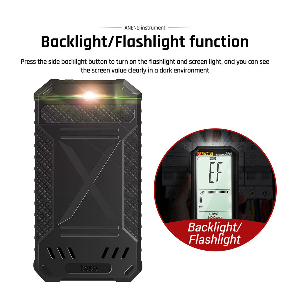 Aneng 620A 4.7 inch Digital Smart Multimeter 6000 Counts True RMS Auto Electrical Capacitance Meter with Flashlight - Black