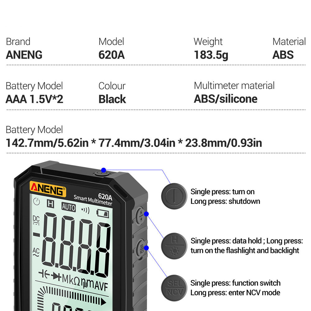 Aneng 620A 4.7 inch Digital Smart Multimeter 6000 Counts True RMS Auto Electrical Capacitance Meter with Flashlight - Black