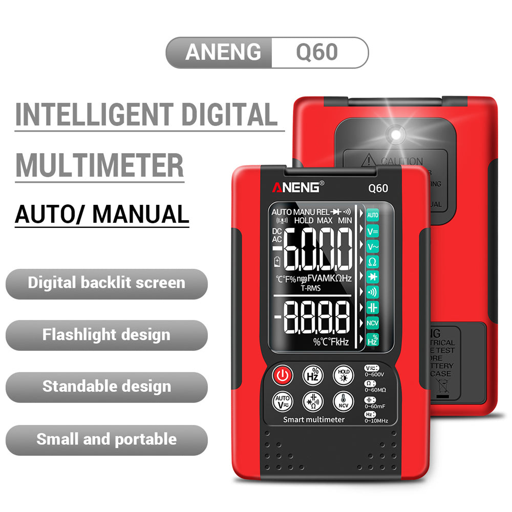 Aneng Q60 Digital Multimeter VA Screen Display Zero Fire Detection 6000 Counts True RMS Capacitance Meter - Red