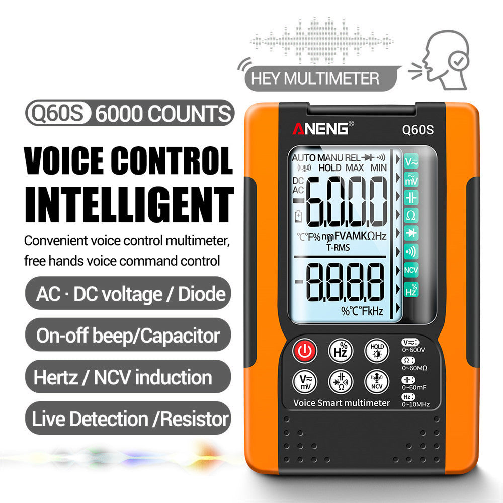 ANENG-Q60S Digital Multimeter True RMS 6000 Counts Smart AC/DC Voltage Tester AI Speech Recognition Transistor Tester - Orange