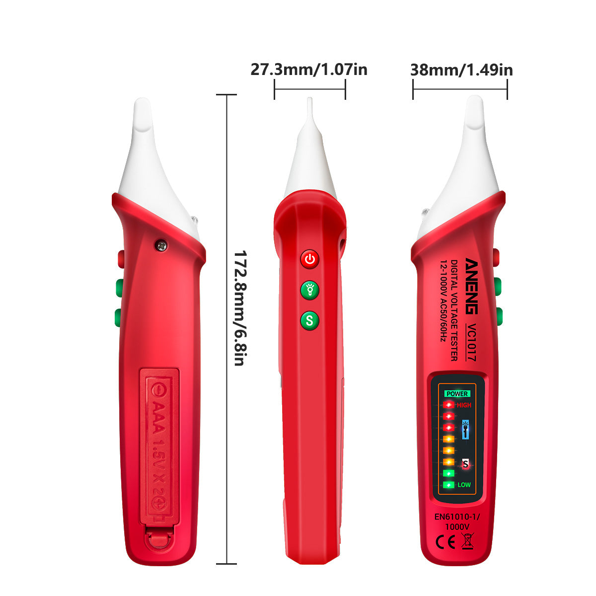 Aneng VC1017 12-1000V Non-contact Sound-light Tester Digital AC Voltage Meter Multimeter Pen - Red