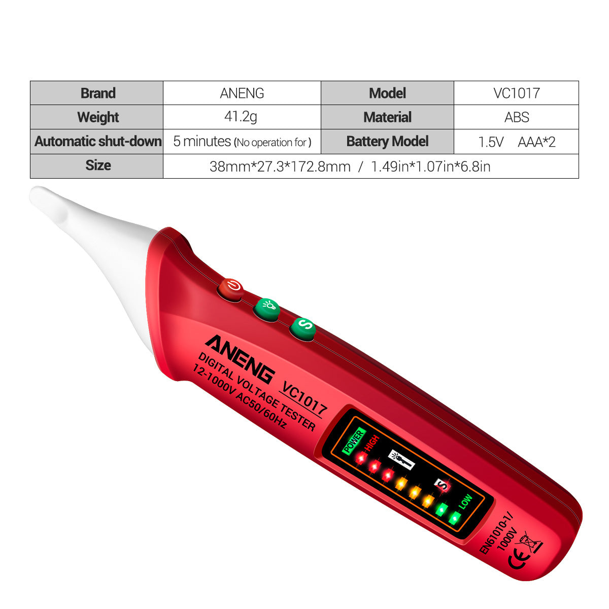 Aneng VC1017 12-1000V Non-contact Sound-light Tester Digital AC Voltage Meter Multimeter Pen - Red