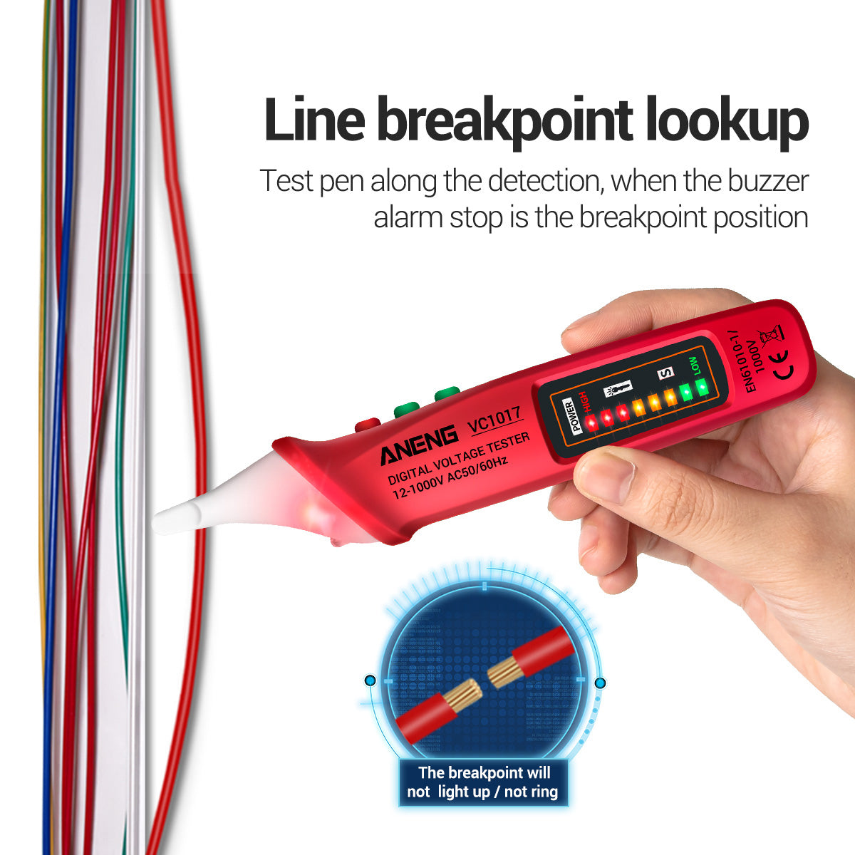 Aneng VC1017 12-1000V Non-contact Sound-light Tester Digital AC Voltage Meter Multimeter Pen - Red