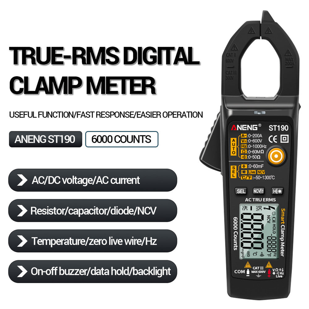 Aneng ST190 6000 Counts True RMS Digital Multimeter Clamp Current AMP Meter - Black