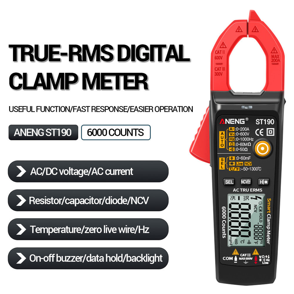 Aneng ST190 6000 Counts True RMS Digital Multimeter Clamp Current AMP Meter - Red