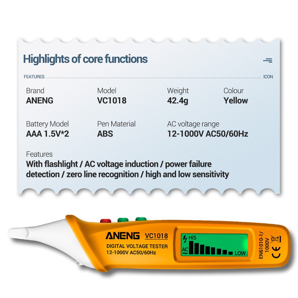 Aneng VC1018 12V-1000V Non-contact Electric Sensor Tester Pen Digital AC Voltage Meter Buzzer Detector with LCD Screen - Yellow