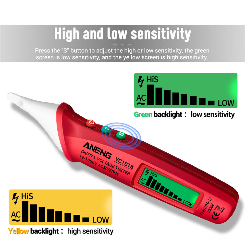 Aneng VC1018 12V-1000V Non-contact Electric Sensor Tester Pen Digital AC Voltage Meter Buzzer Detector with LCD Screen - Red