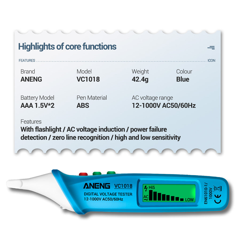 Aneng VC1018 12V-1000V Non-contact Electric Sensor Tester Pen Digital AC Voltage Meter Buzzer Detector with LCD Screen - Blue