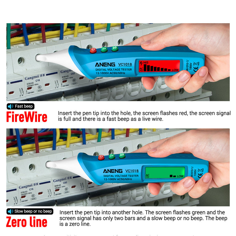 Aneng VC1018 12V-1000V Non-contact Electric Sensor Tester Pen Digital AC Voltage Meter Buzzer Detector with LCD Screen - Blue