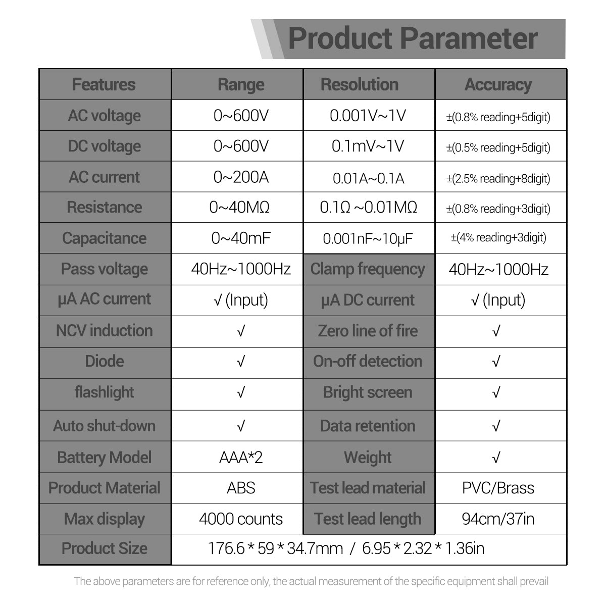 Aneng ST185 Clamp Digital Meter Multimeter 4000 Counts True RMS 200A Ammeter Voltage Tester - Black/Red