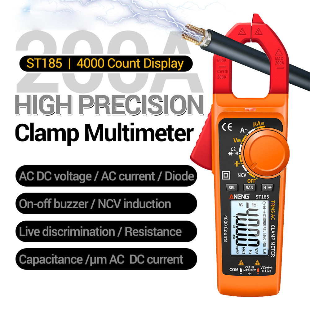 Aneng ST185 Clamp Digital Meter Multimeter 4000 Counts True RMS 200A Ammeter Voltage Tester - Orange/Red
