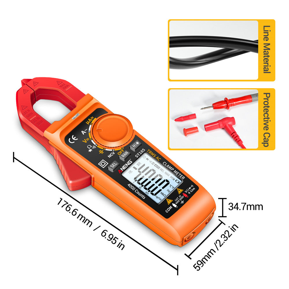 Aneng ST185 Clamp Digital Meter Multimeter 4000 Counts True RMS 200A Ammeter Voltage Tester - Orange/Red